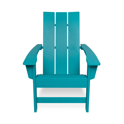 A bright turquoise blue Adirondack-style outdoor chair with a tall slatted back and wide armrests, shown from the front on a plain white background. 