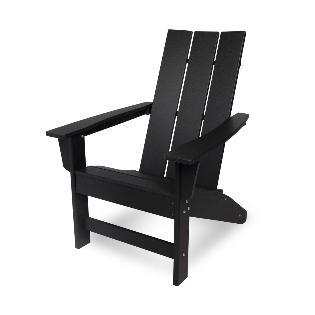 A black outdoor Adirondack chair with a slatted back and wide armrests, shown at a three-quarter angle on a white background. 