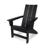 A black outdoor Adirondack chair with a slatted back and wide armrests, shown at a three-quarter angle on a white background. 