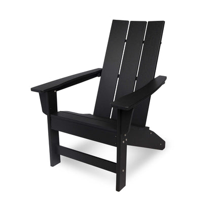 A black outdoor Adirondack chair with a slatted back and wide armrests, shown at a three-quarter angle on a white background. 