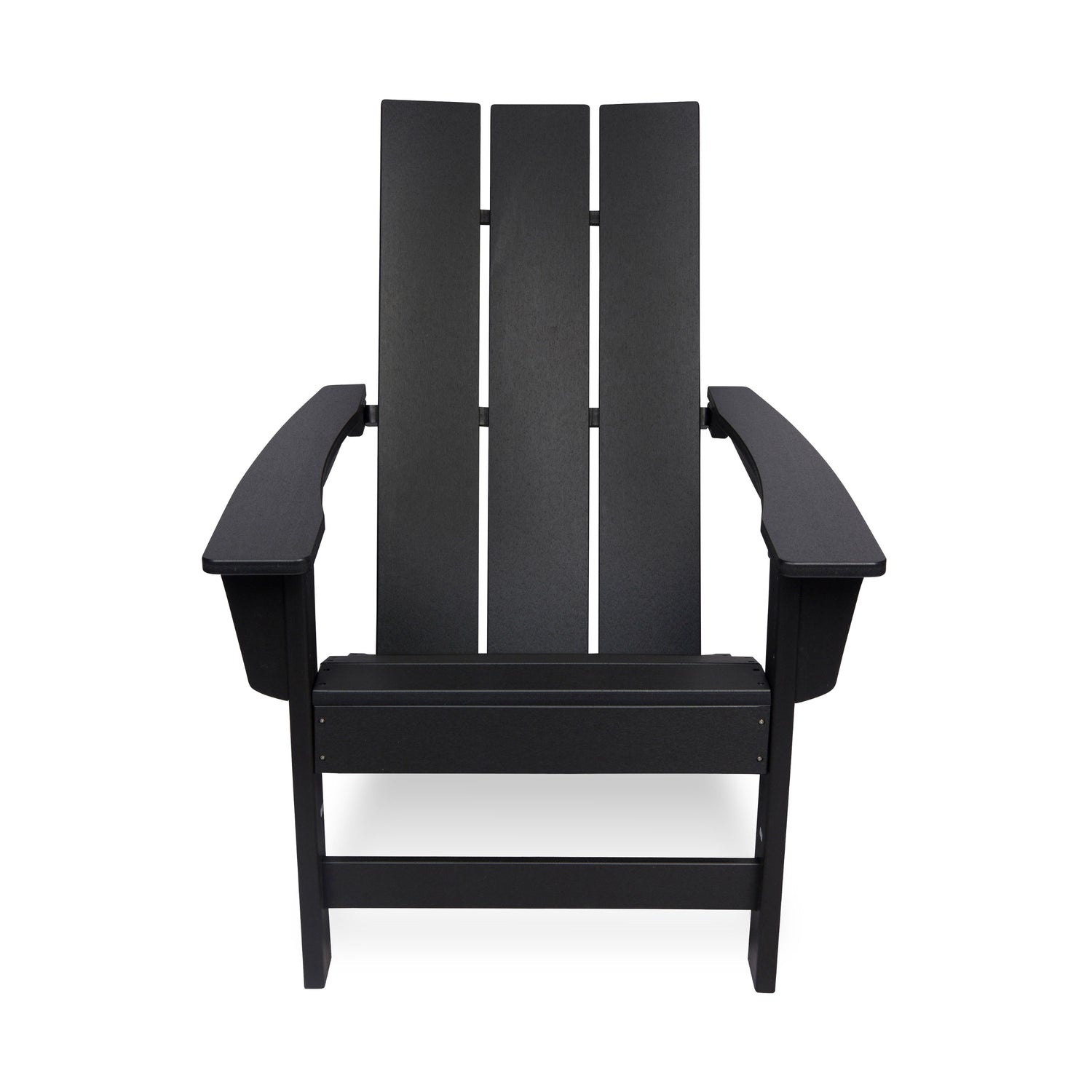 A black outdoor Adirondack chair with a slatted backrest and wide armrests, shown from the front against a plain white background. 