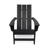 A black outdoor Adirondack chair with a slatted backrest and wide armrests, shown from the front against a plain white background. 