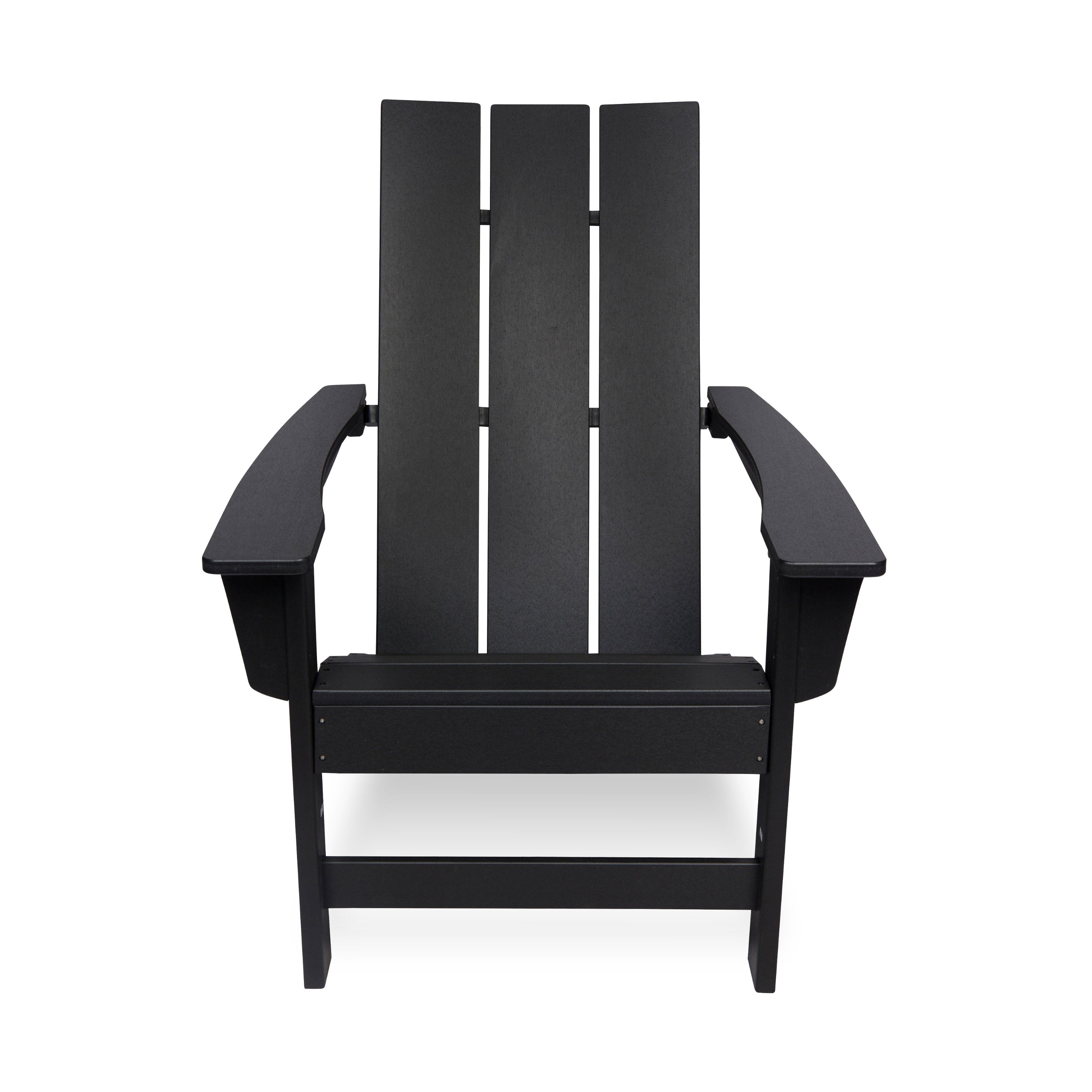 A black outdoor Adirondack chair with a slatted backrest and wide armrests, shown from the front against a plain white background. 