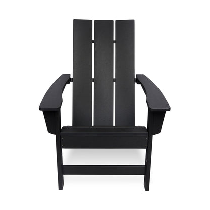 A black outdoor Adirondack chair with a slatted backrest and wide armrests, shown from the front against a plain white background. 