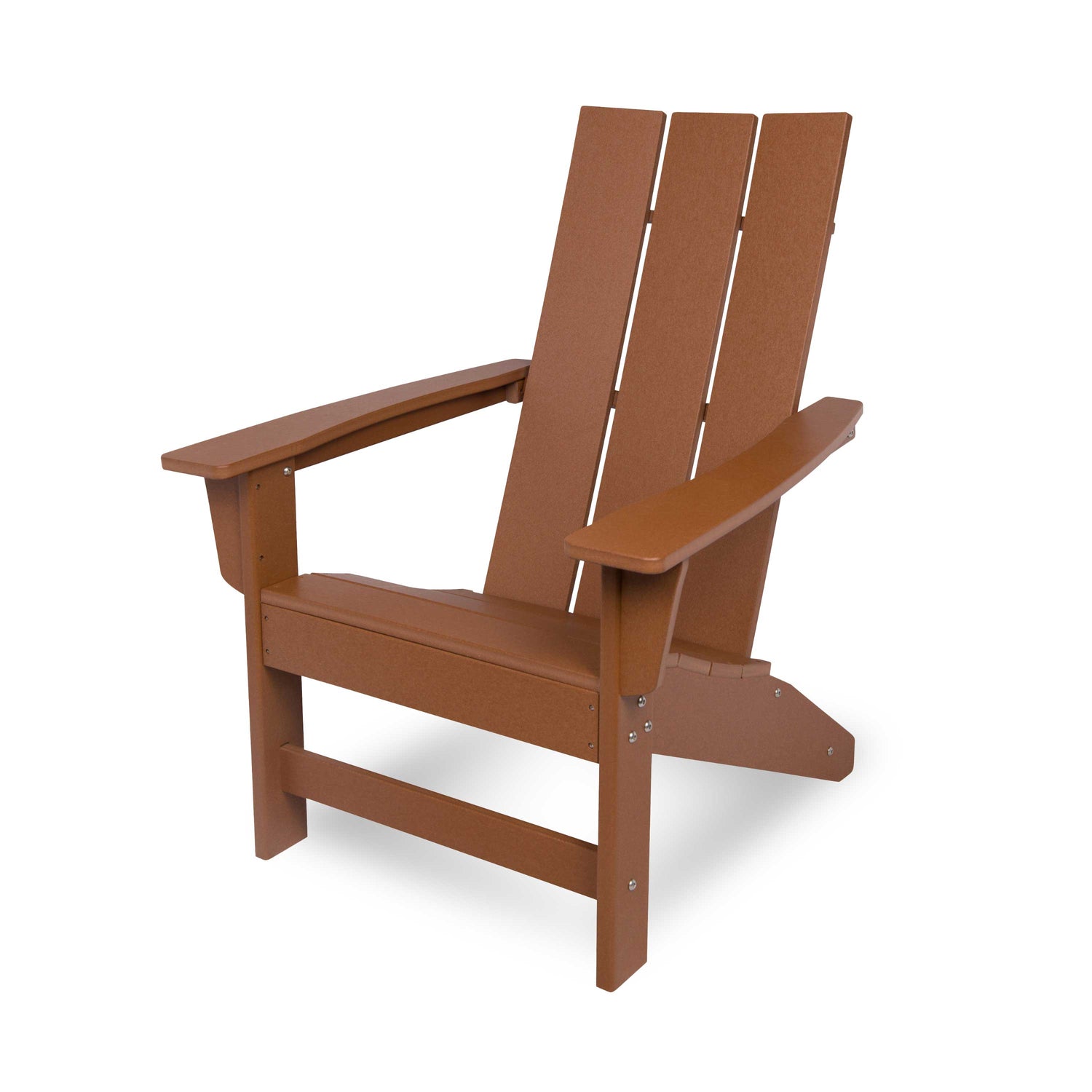 A classic Adirondack-style outdoor chair made of brown composite lumber, shown from a three-quarter angle on a white background. 