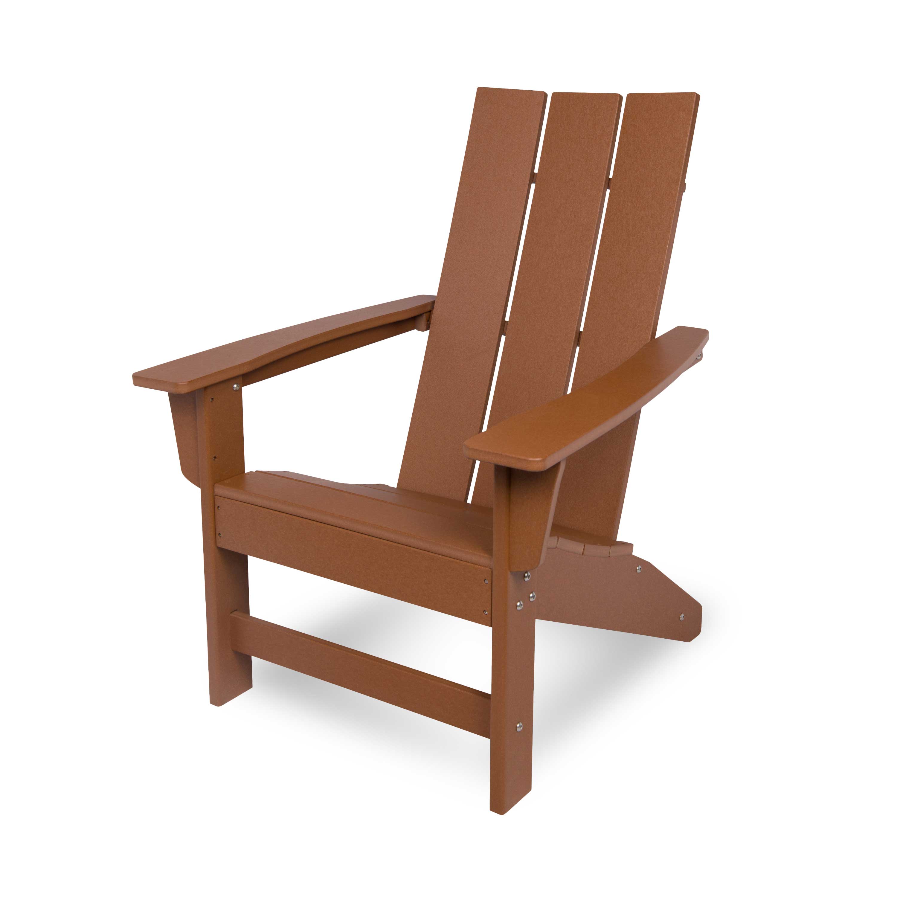 A classic Adirondack-style outdoor chair made of brown composite lumber, shown from a three-quarter angle on a white background. 