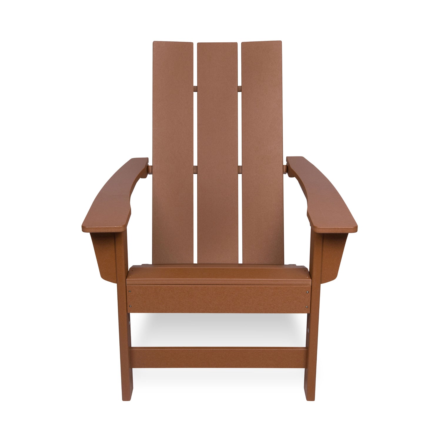 A classic Adirondack-style outdoor chair made of brown composite lumber, shown from the front against a plain white background. 