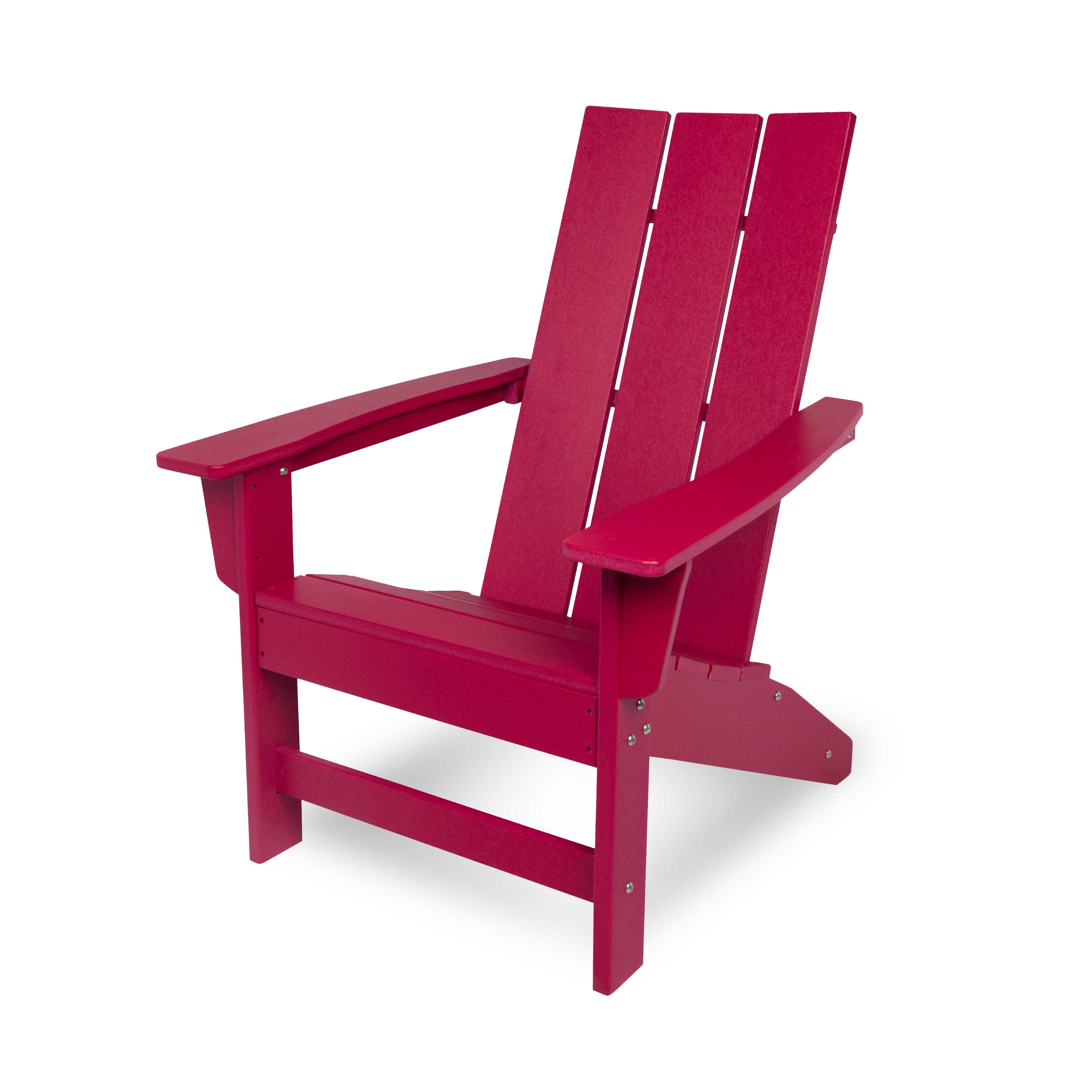 A red plastic Adirondack-style outdoor chair with a tall slatted back and wide armrests, shown on a clean white background. 