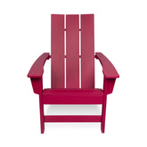 A red Adirondack chair with a slatted back and wide armrests, shown from the front on a solid white background. 