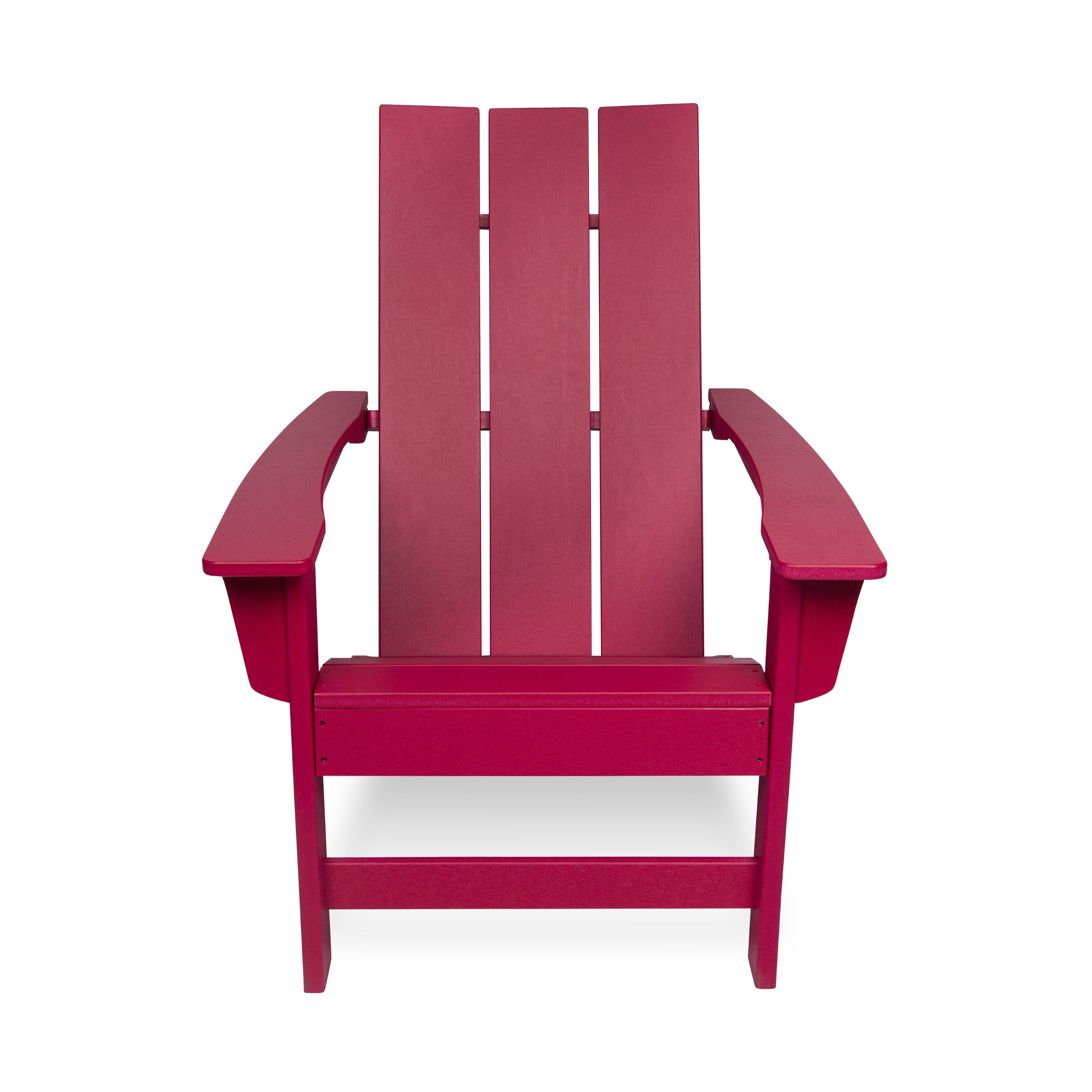 A red Adirondack chair with a slatted back and wide armrests, shown from the front on a solid white background. 