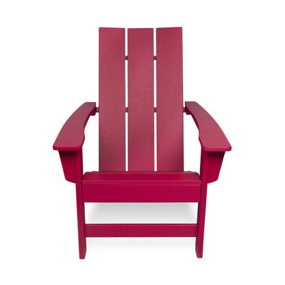 A red Adirondack chair with a slatted back and wide armrests, shown from the front on a solid white background. 