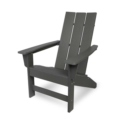 A dark gray Adirondack-style outdoor chair with a high slatted back, wide armrests, and a slanted footrest, shown on a clean white background. 