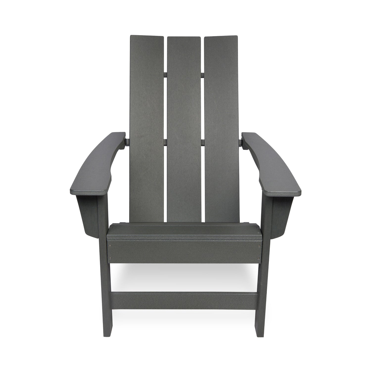 A dark gray Adirondack-style outdoor chair with a high slatted back, wide armrests, and a seat, shown against a plain white background. 