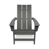 A dark gray Adirondack-style outdoor chair with a high slatted back, wide armrests, and a seat, shown against a plain white background. 