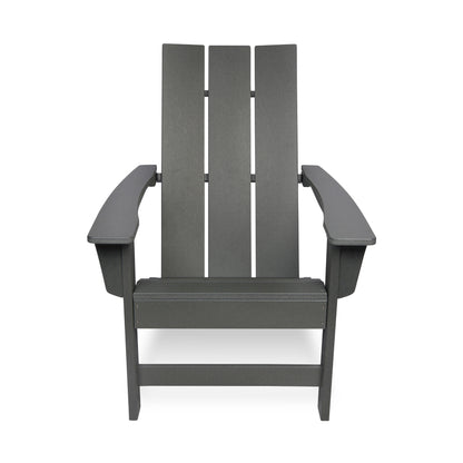 A dark gray Adirondack-style outdoor chair with a high slatted back, wide armrests, and a seat, shown against a plain white background. 