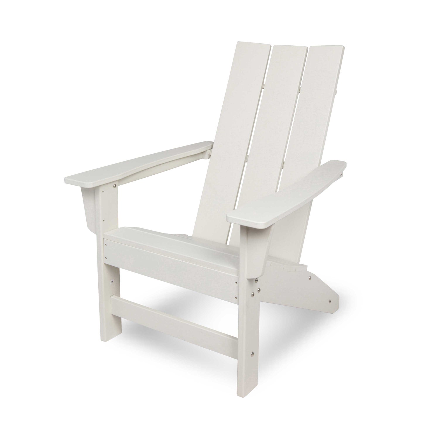 A white outdoor Adirondack chair with a slatted back and wide armrests, shown on a clean white background. 