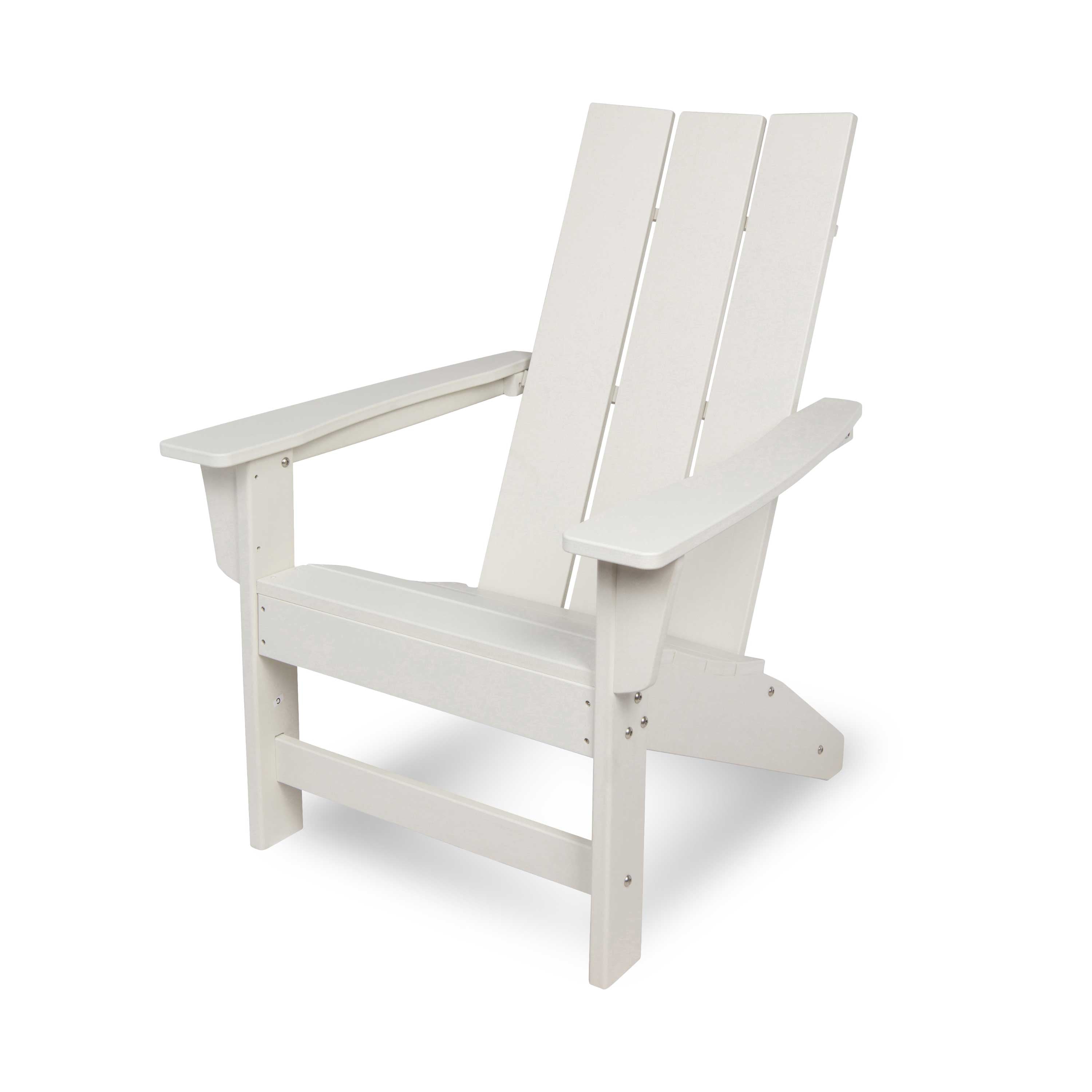 A white outdoor Adirondack chair with a slatted back and wide armrests, shown on a clean white background. 
