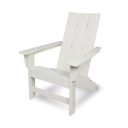 A white outdoor Adirondack chair with a slatted back and wide armrests, shown on a clean white background. 