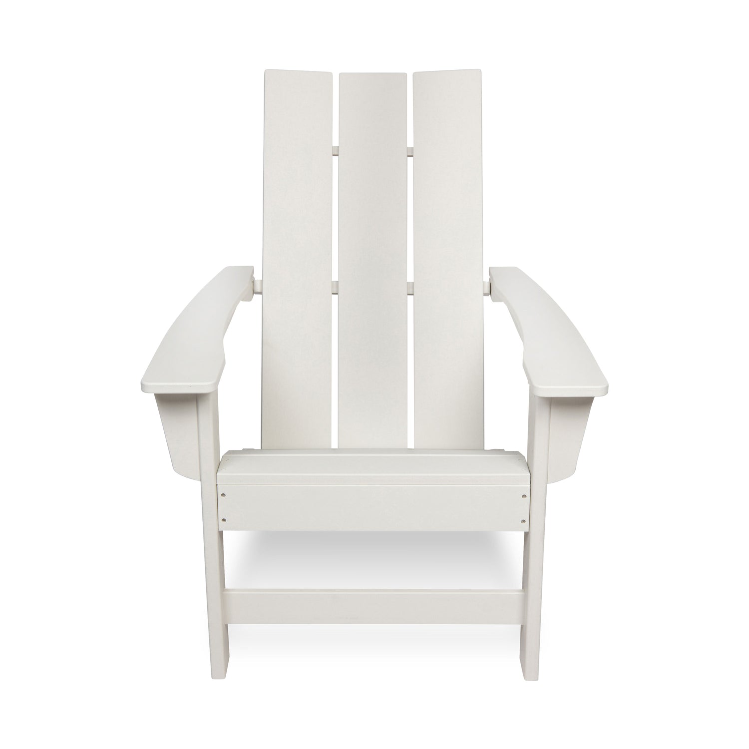 A white Adirondack-style outdoor chair with a high slatted back, wide armrests, and a seat panel, shown against a plain white background. 