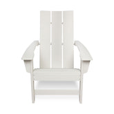 A white Adirondack-style outdoor chair with a high slatted back, wide armrests, and a seat panel, shown against a plain white background. 