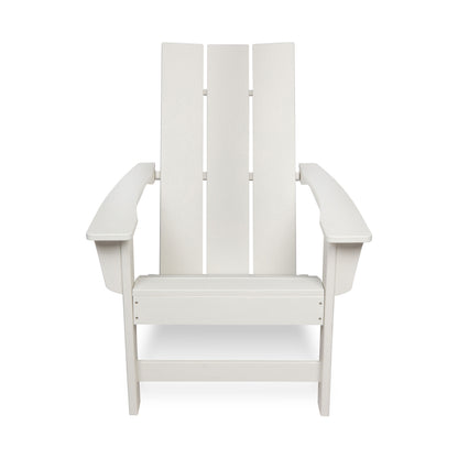 A white Adirondack-style outdoor chair with a high slatted back, wide armrests, and a seat panel, shown against a plain white background. 