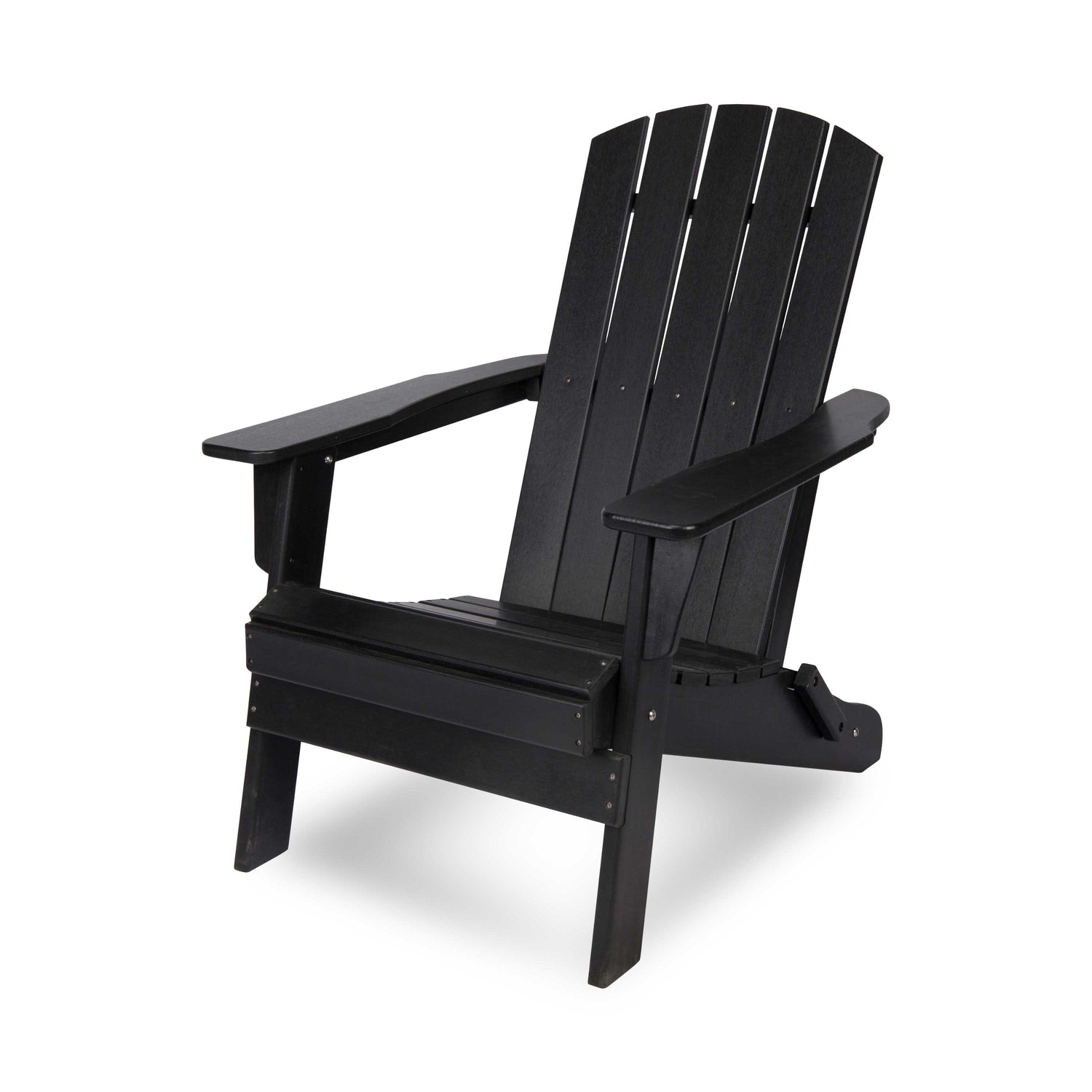 A black slatted Adirondack-style outdoor chair shown at a three-quarter angle on a clean white background. 