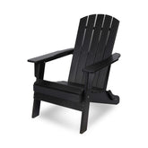 A black slatted Adirondack-style outdoor chair shown at a three-quarter angle on a clean white background. 