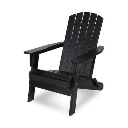 A black slatted Adirondack-style outdoor chair shown at a three-quarter angle on a clean white background. 