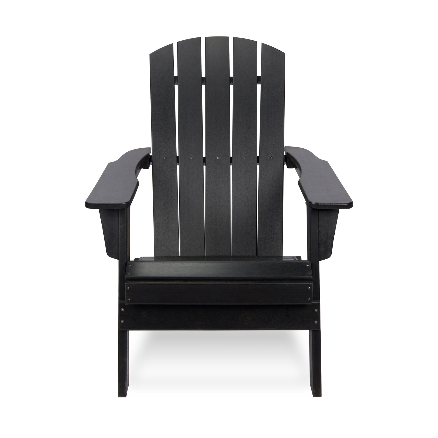 A black Adirondack-style outdoor chair with a high slatted back, wide armrests, and a seat, shown against a plain white background. 