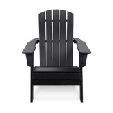 A black Adirondack-style outdoor chair with a high slatted back, wide armrests, and a seat, shown against a plain white background. 