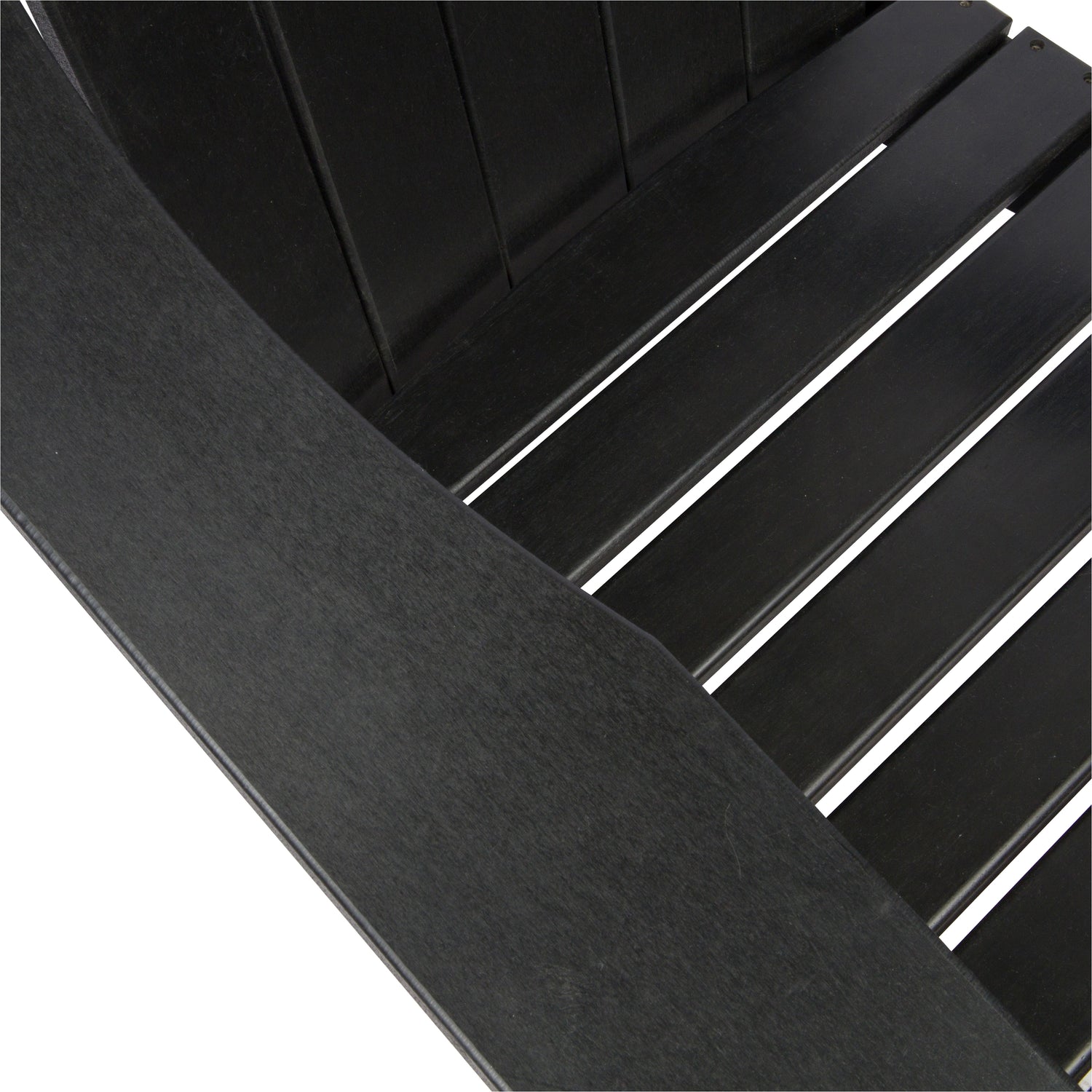 Close-up detail of a black slatted outdoor chair or bench, showing the armrest and seat slats against a white background. 