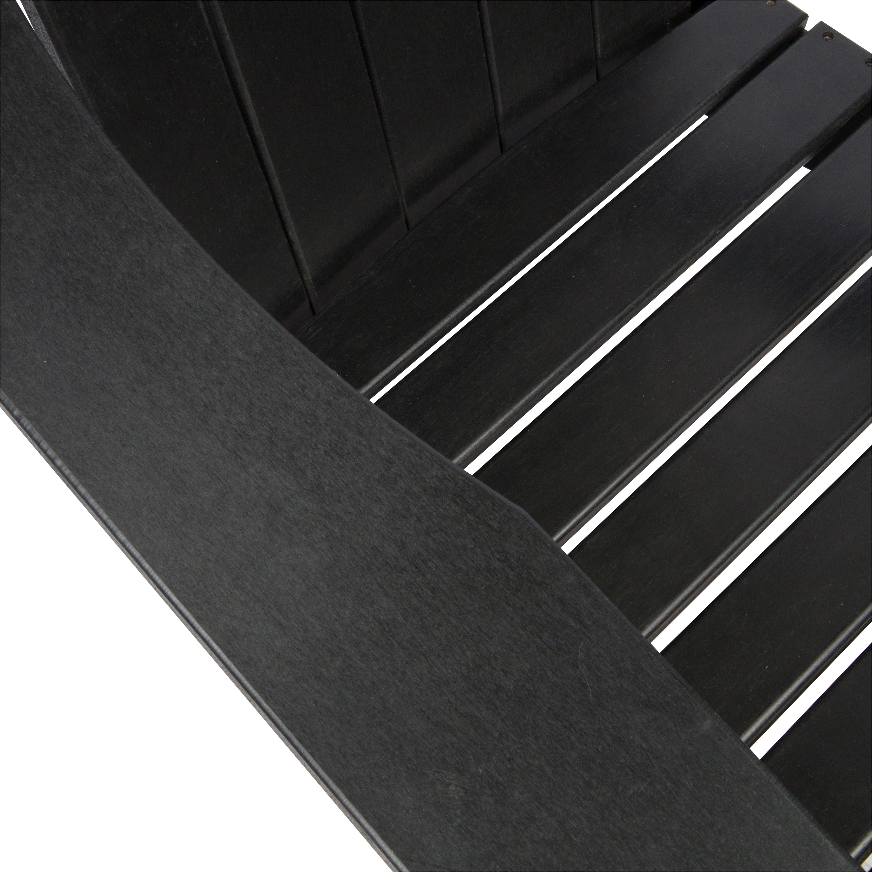 Close-up detail of a black slatted outdoor chair or bench, showing the armrest and seat slats against a white background. 