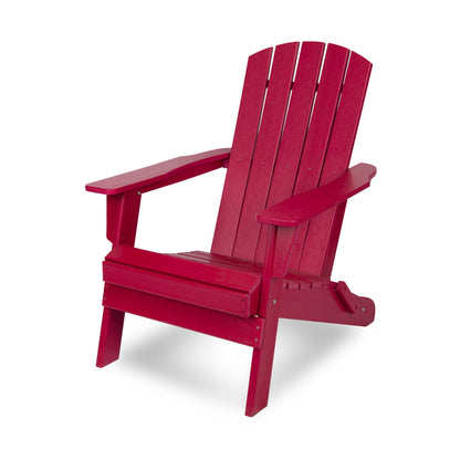 A bright red Adirondack-style outdoor chair with a high slatted back, wide armrests, and angled legs, shown on a clean white background.  