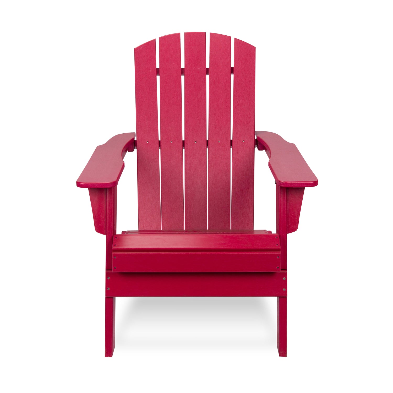 A bright red Adirondack-style outdoor chair with a slatted back, wide armrests, and a seat, shown against a plain white background. 