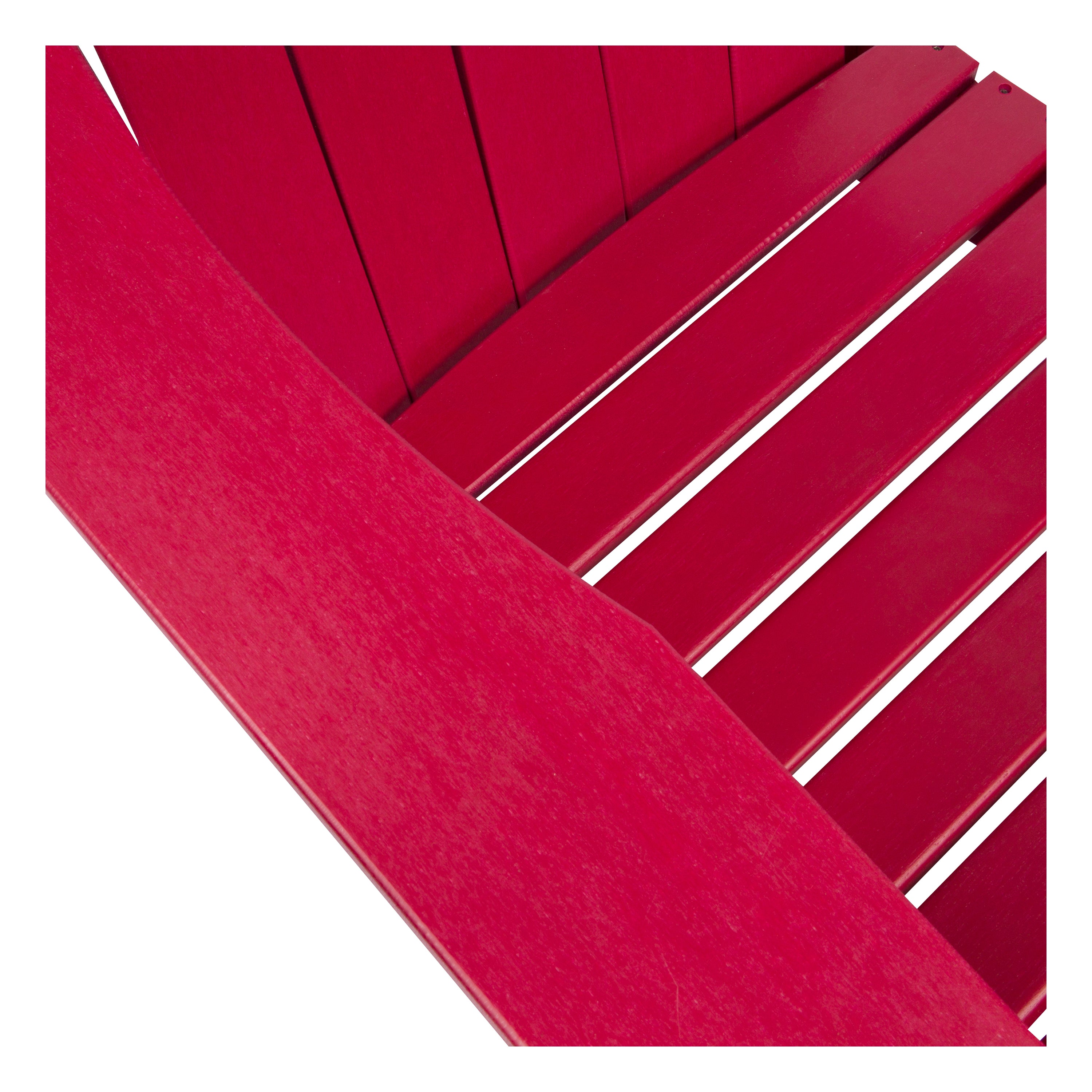 Close-up of a bright red slatted chair or bench showing the armrest and seat slats against a white background. 