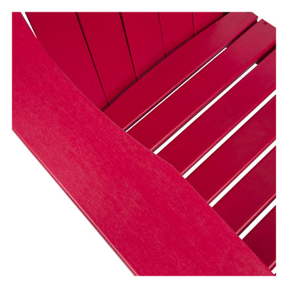 Close-up of a bright red slatted chair or bench showing the armrest and seat slats against a white background. 