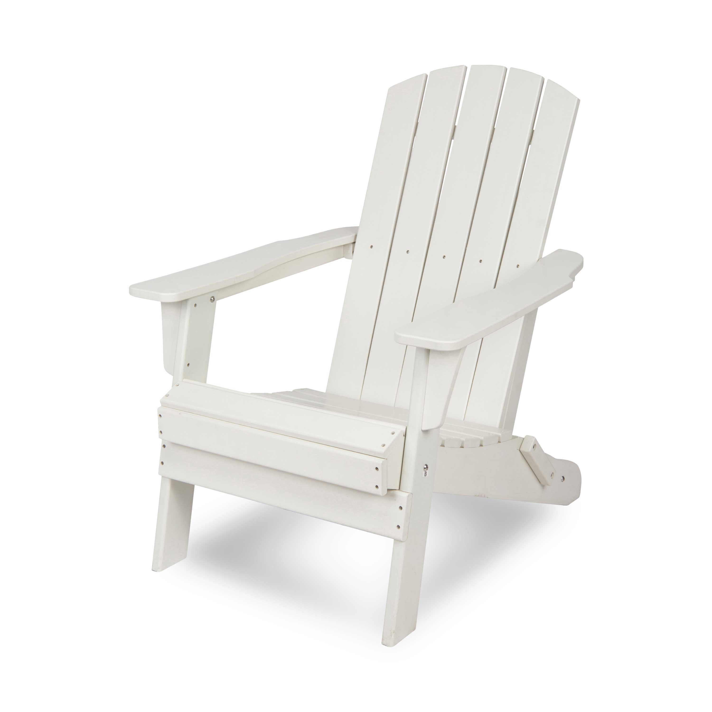 A white Adirondack-style outdoor chair with a slatted back and wide armrests, shown on a clean white background. 