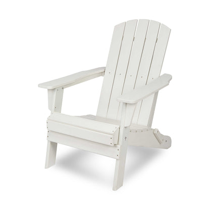 A white Adirondack-style outdoor chair with a slatted back and wide armrests, shown on a clean white background. 