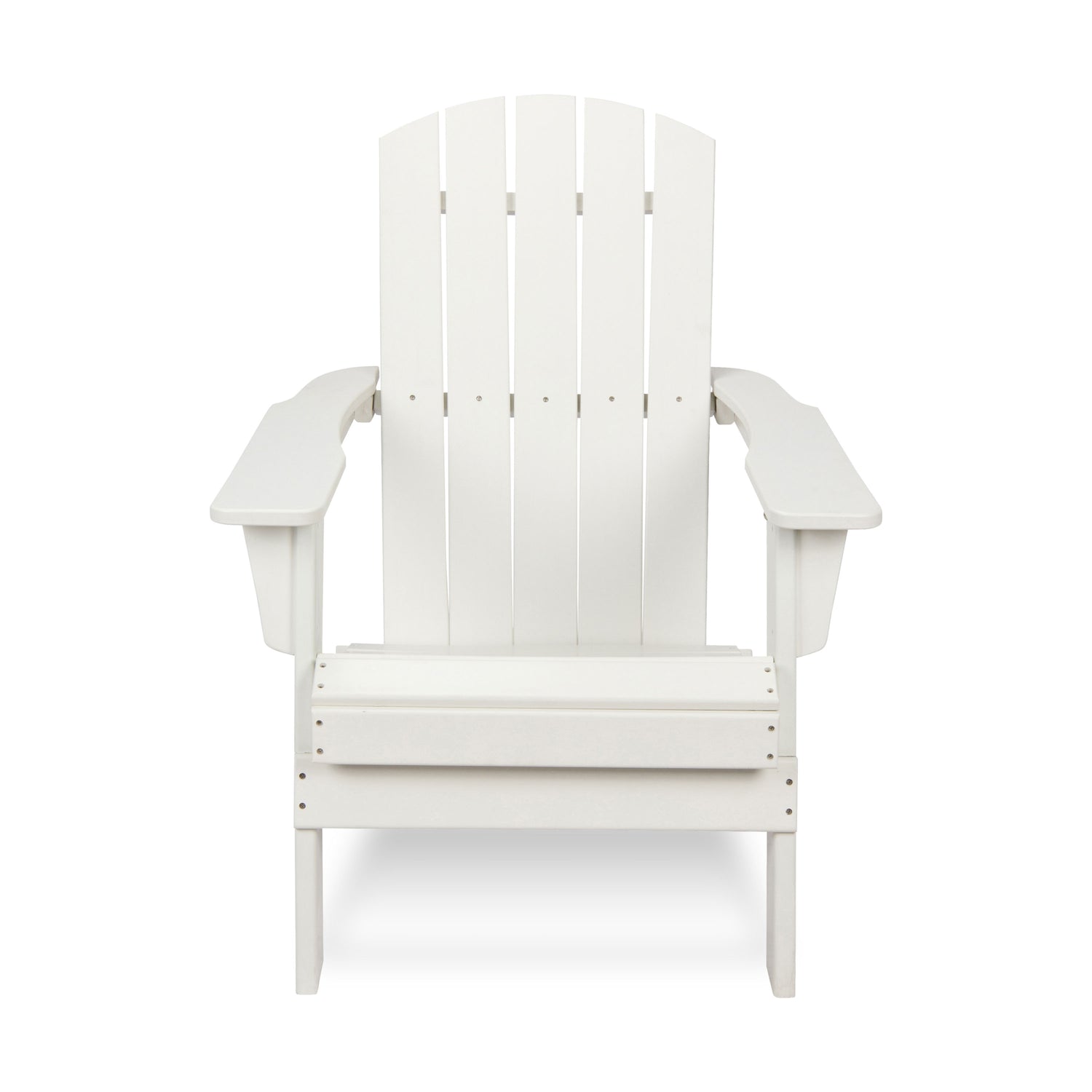 A white Adirondack-style outdoor chair with a slatted back, wide armrests, and a cushioned seat, shown against a plain white background. 