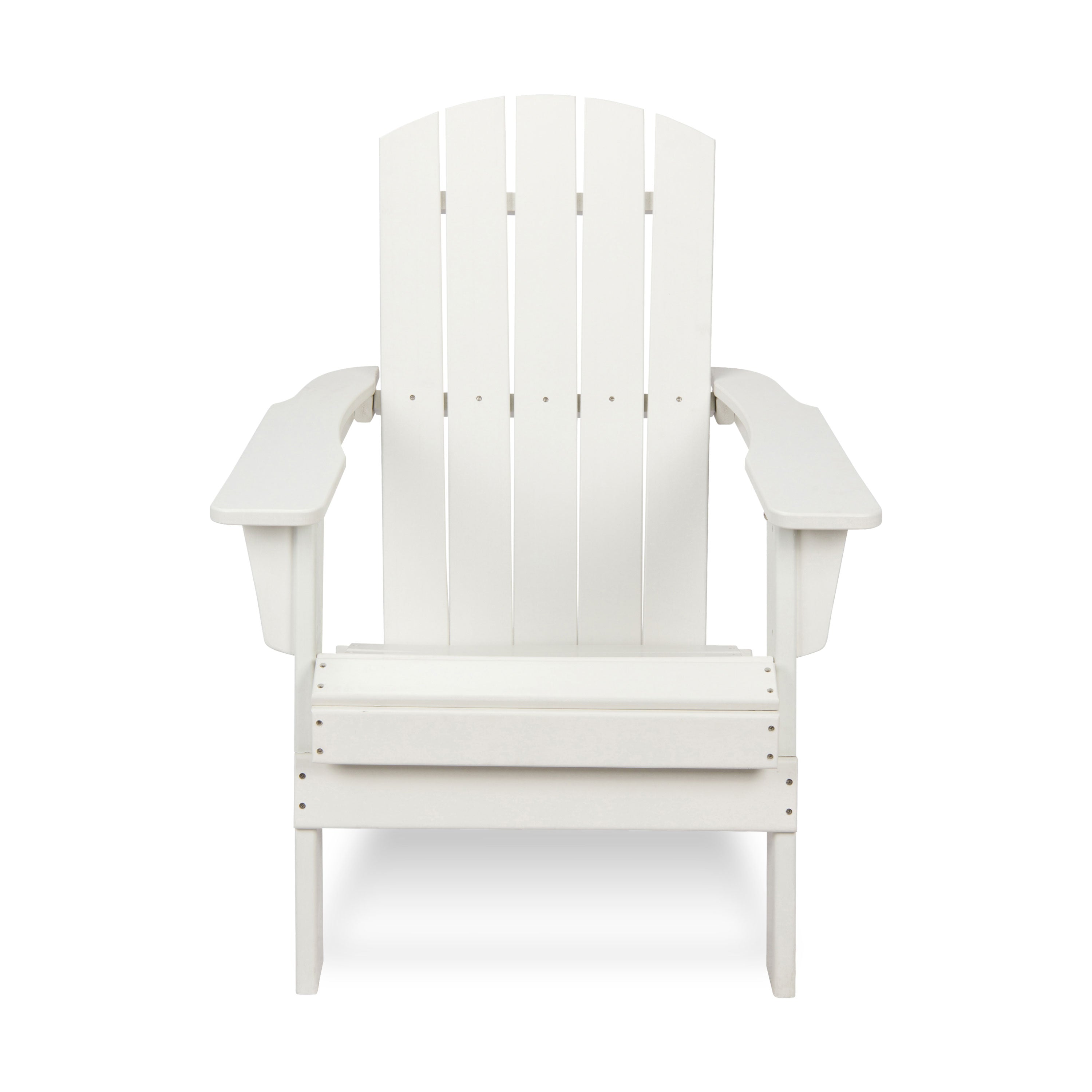 A white Adirondack-style outdoor chair with a slatted back, wide armrests, and a cushioned seat, shown against a plain white background. 