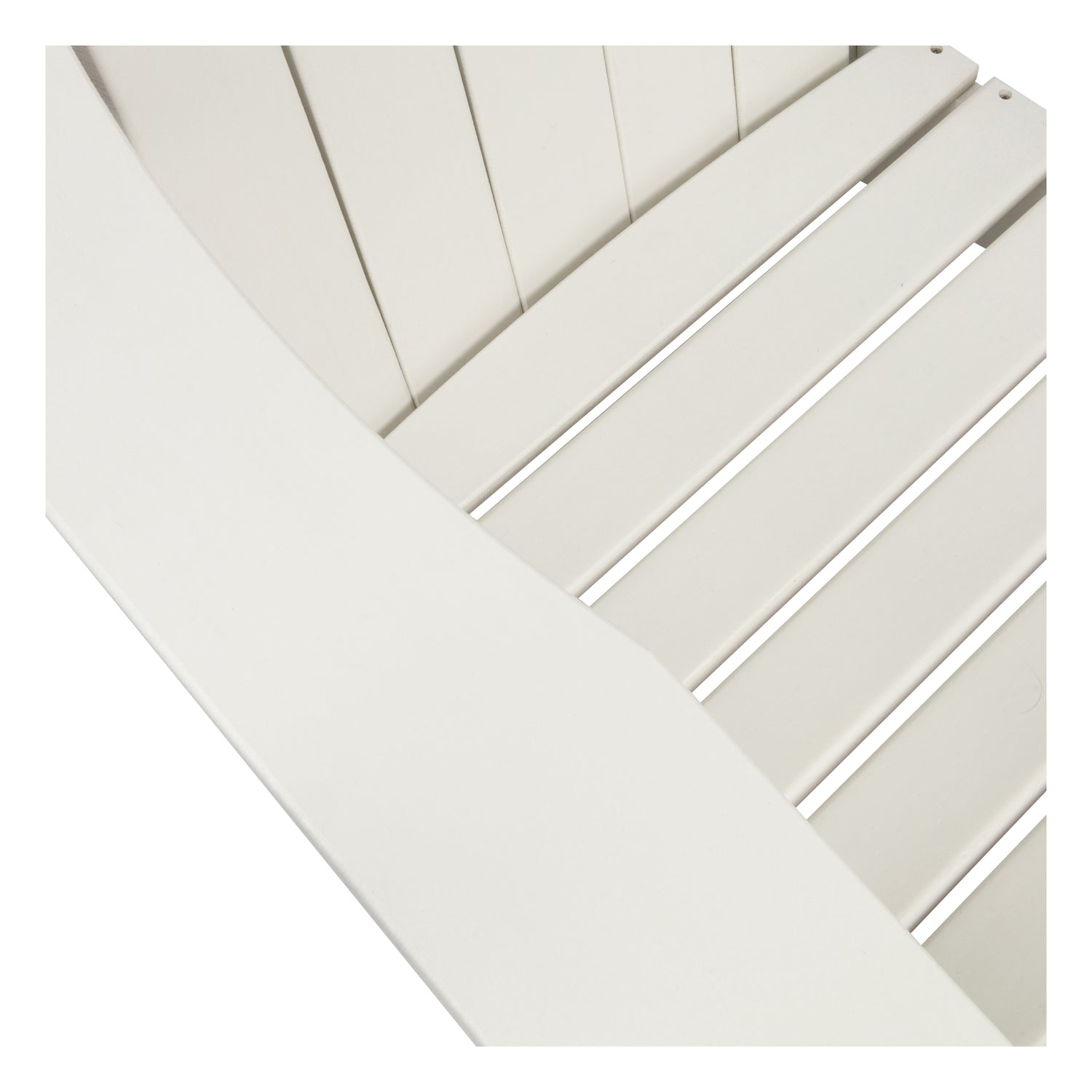 Close-up of a white slatted chair or bench showing the armrest and seat slats against a white background. 