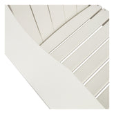 Close-up of a white slatted chair or bench showing the armrest and seat slats against a white background. 