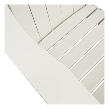 Close-up of a white slatted chair or bench showing the armrest and seat slats against a white background. 