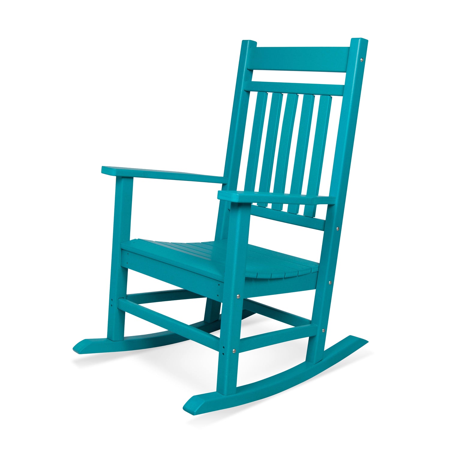 A teal blue outdoor rocking chair with a slatted backrest and armrests, shown on a plain white background. 