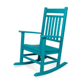 A teal blue outdoor rocking chair with a slatted backrest and armrests, shown on a plain white background. 
