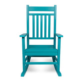A classic rocking chair designed in a vibrant turquoise blue, shown from the front against a plain white background. 