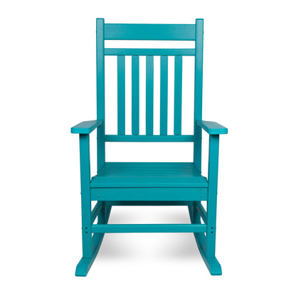 A classic rocking chair designed in a vibrant turquoise blue, shown from the front against a plain white background. 