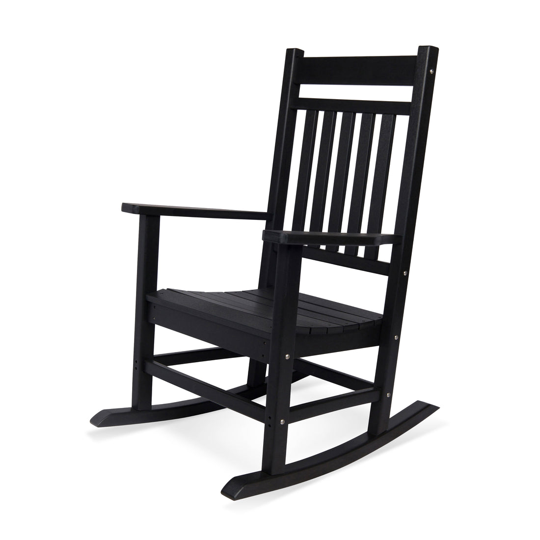 A black outdoor rocking chair with a slatted back and seat, shown at a three-quarter angle on a white background. 