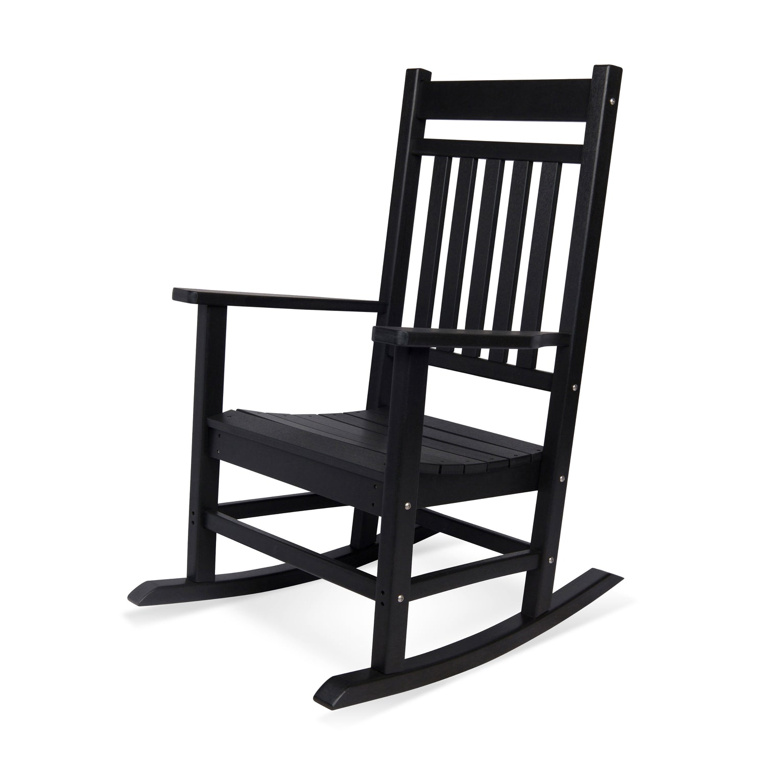 A black outdoor rocking chair with a slatted back and seat, shown at a three-quarter angle on a white background. 