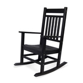 A black outdoor rocking chair with a slatted back and seat, shown at a three-quarter angle on a white background. 